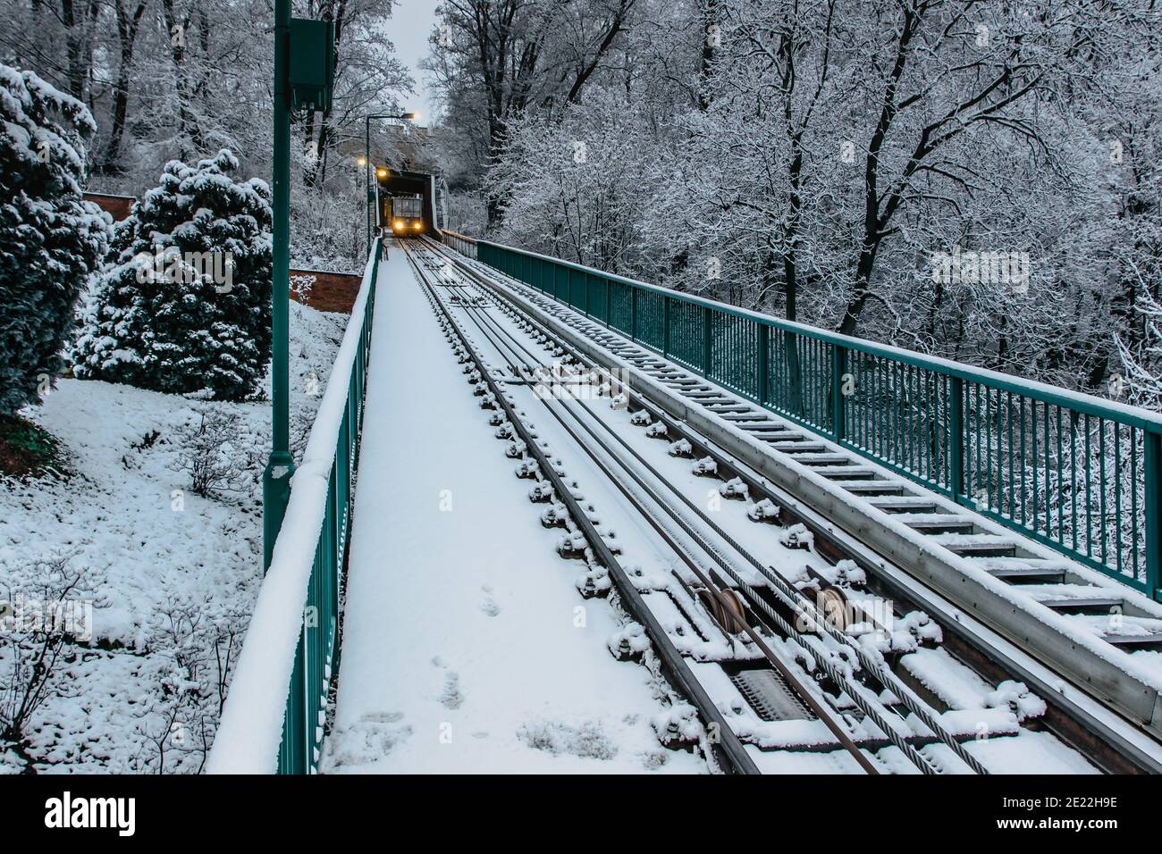 The two-carriage Petrin funicular railway runing from Lesser Town to Petrin Lookout Tower,Prague,Czech republic.Technical monument public transport Stock Photo