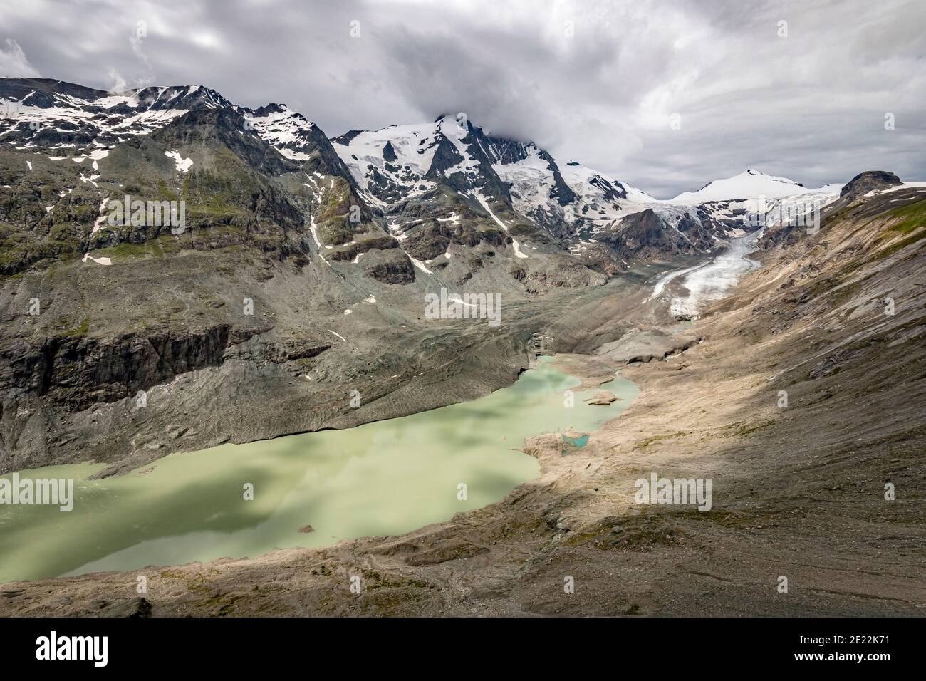 Grossglockner mountain and shrinking Pasterze, longest glacier in Austria and Eastern Alps in summer of 2020, Hohe Tauern NP, Carinthia, Austria Stock Photo