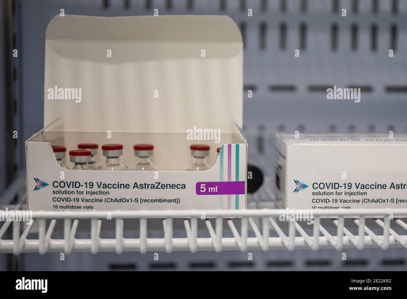 Vials of COVID-19 vaccine Oxford-AstraZeneca vaccine boxed in fridge at Stevenage vaccination centre, UK Stock Photo
