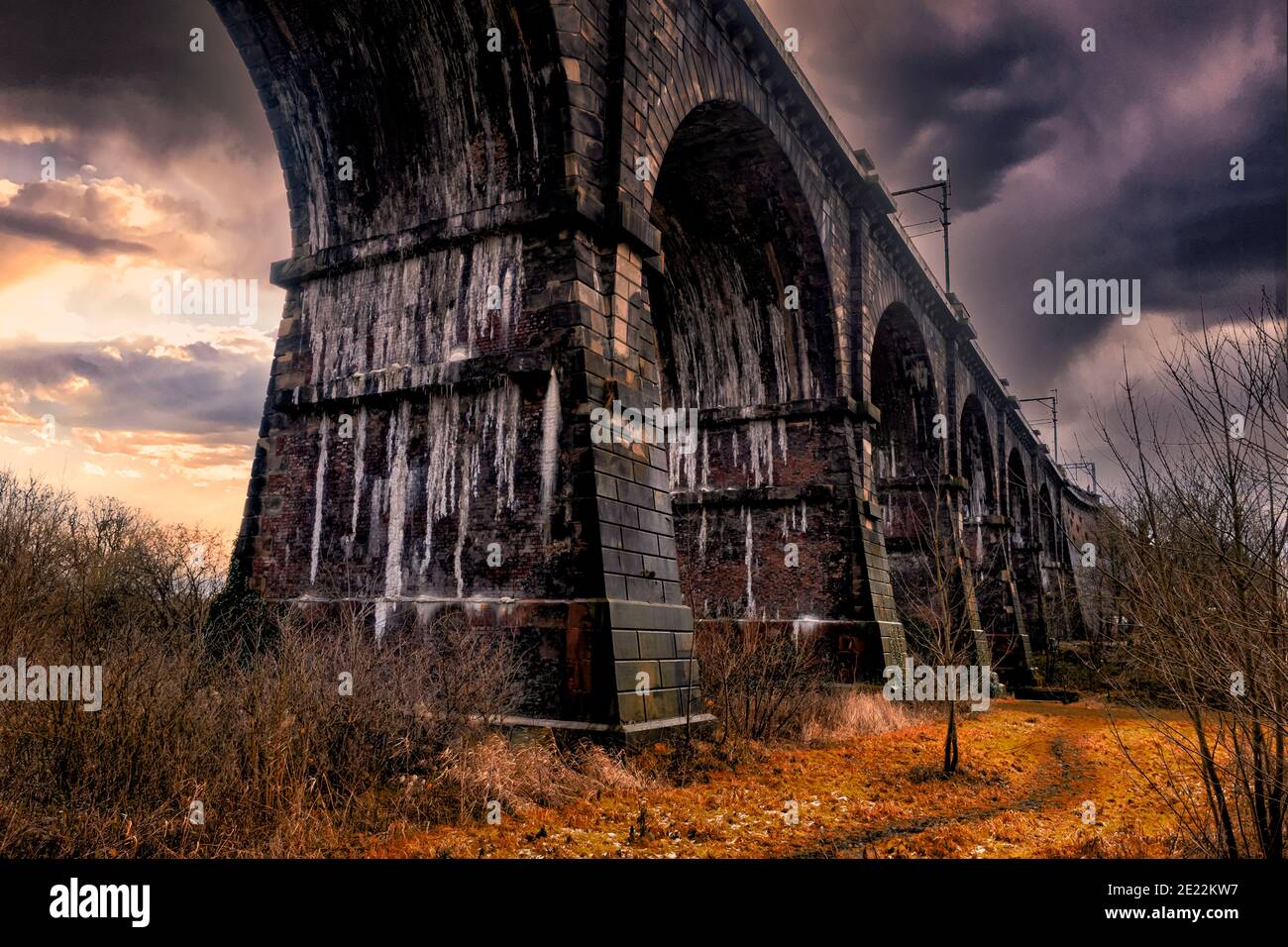 The Sankey Viaduct is a railway viaduct in North West England. It is a designated Grade I listed building and has been described as being "the earlies Stock Photo