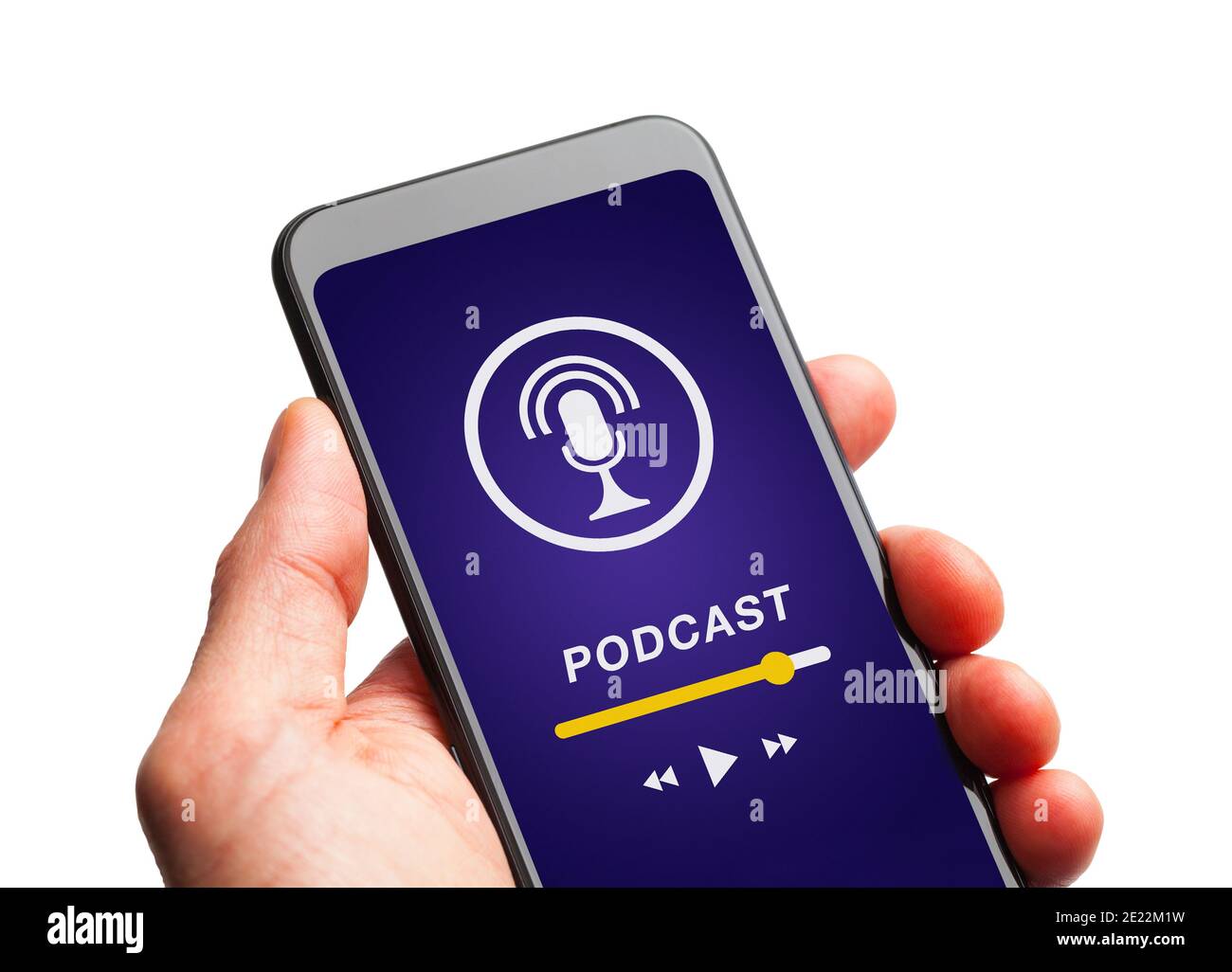 Hand Holding Smart Phone with Podcast Playing. Stock Photo