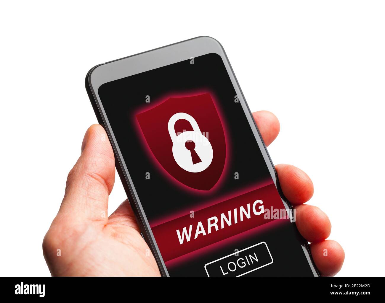 Hand Holding Smart Phone with Security Warning Lock and Shield Stock