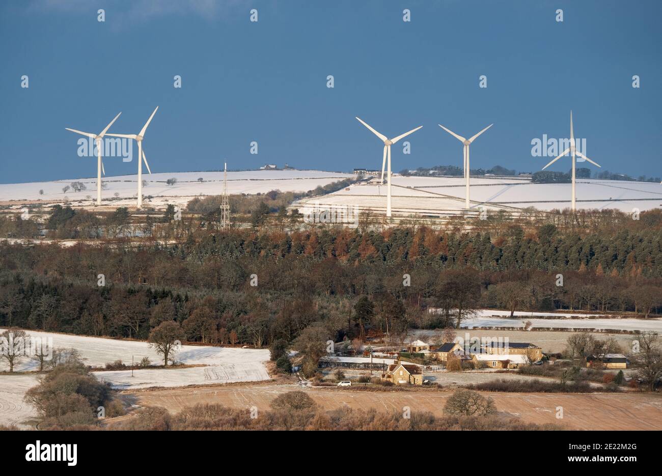 Wind turbines at Kiln Pit Hill Windfarm near Consett County Durham Stock Photo