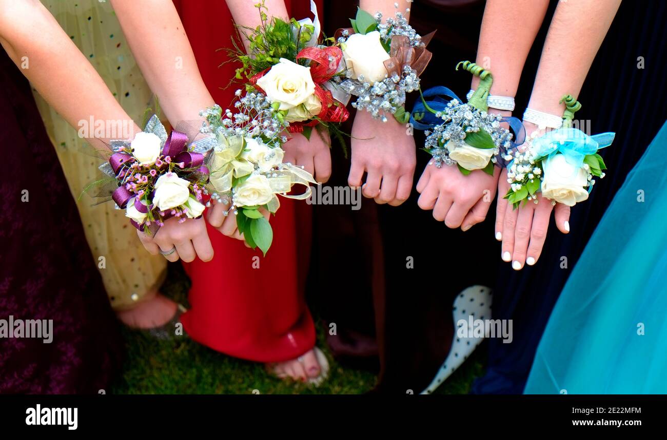 Girls holding arms out with corsage flowers for prom high school dance romance fun night party Stock Photo