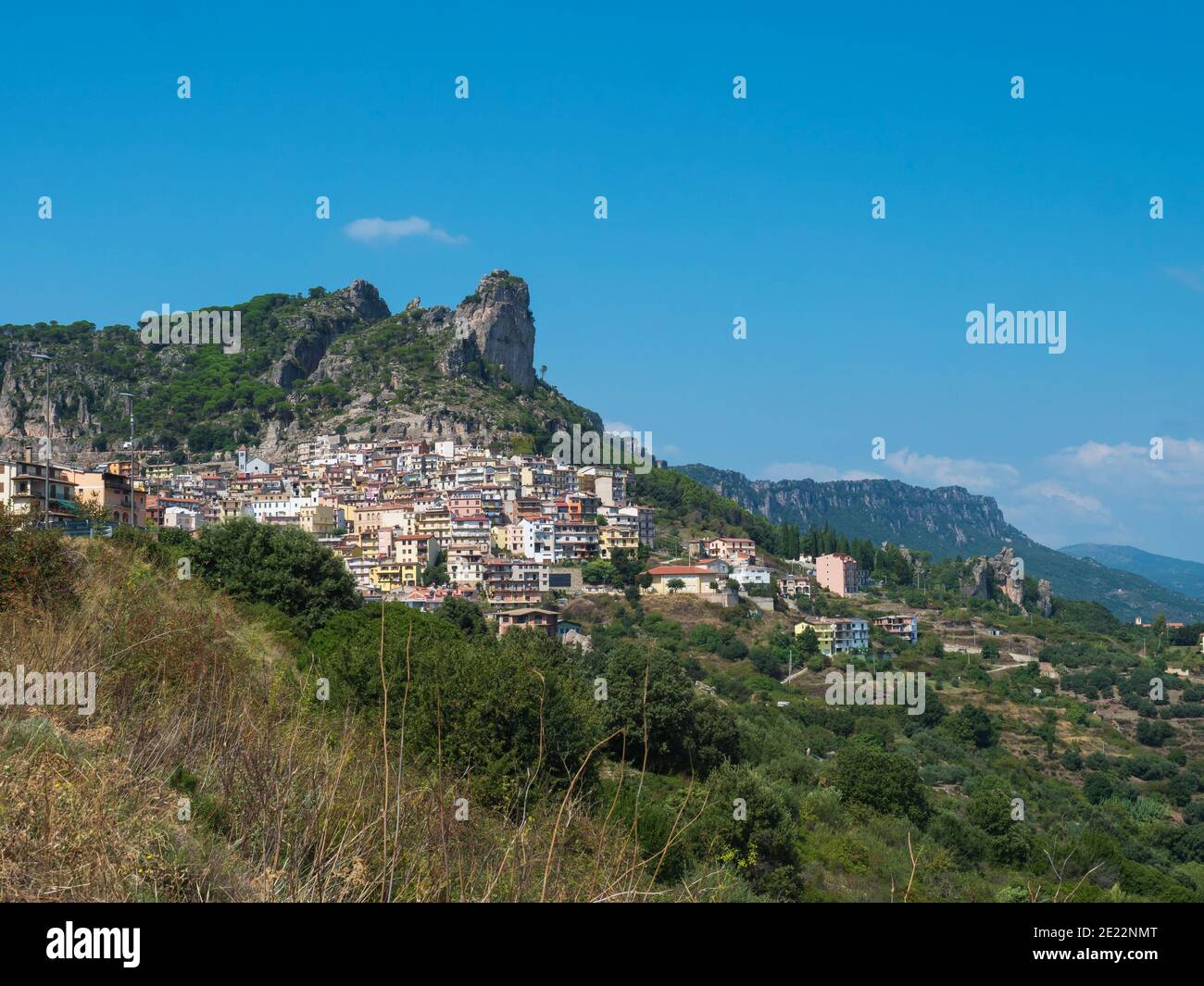 Cityscape of old pictoresque village Ulassai with limestone climbing ...