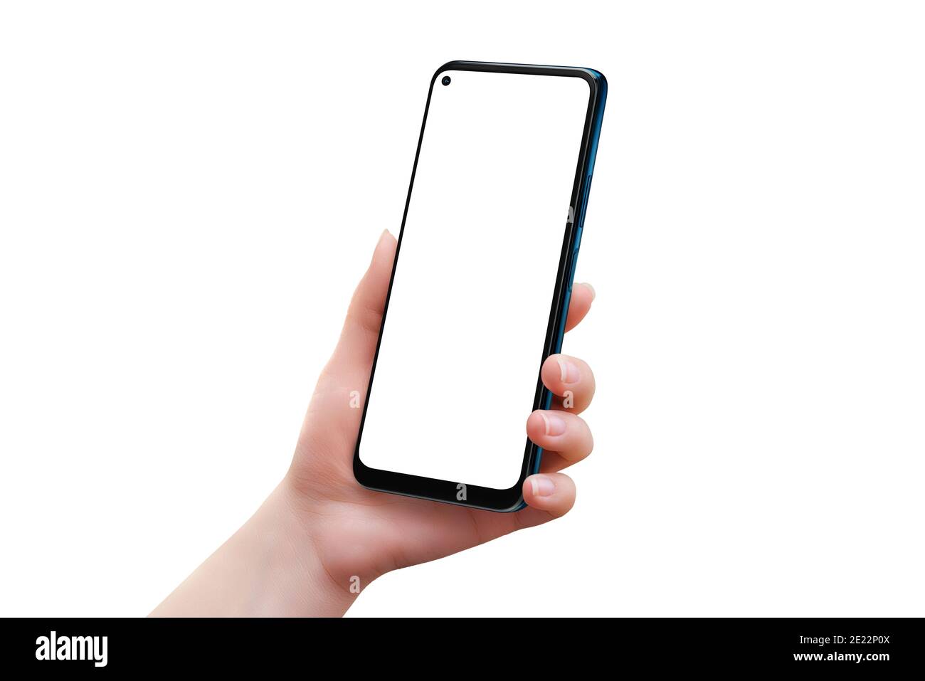 Isolated smart phone in woman hand. Right side position. Modern smart phone with round edges and camera built into the display. Soft retouched hand Stock Photo