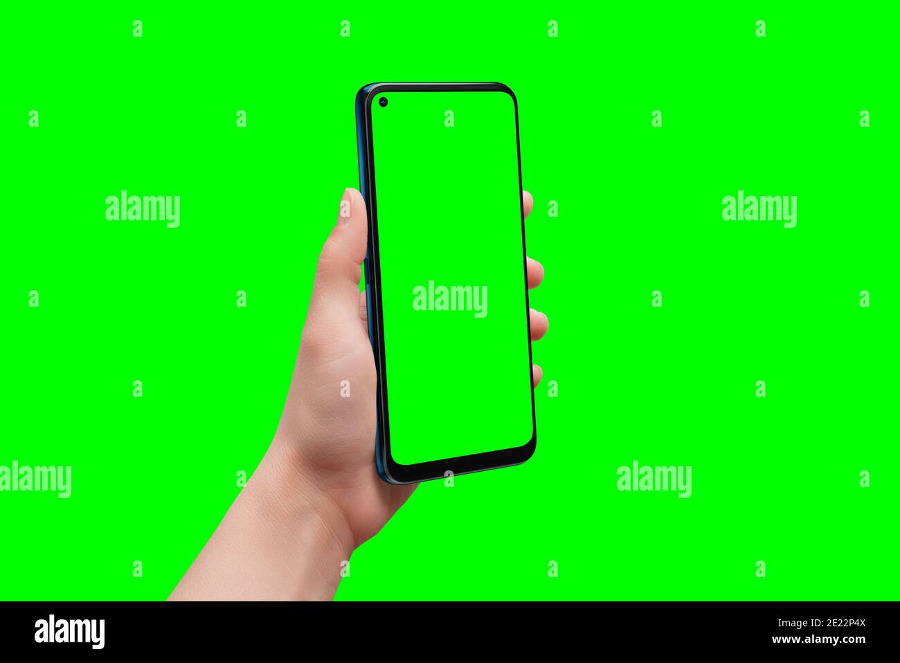 Phone in man hand with isolated background and display for app design presentation. Isolated in chroma key green Stock Photo