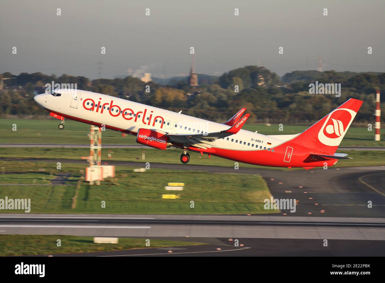 German Air Berlin Boeing 737-800 with registration D-ABKY just departed from runway 23L of Dusseldorf Airport. Stock Photo