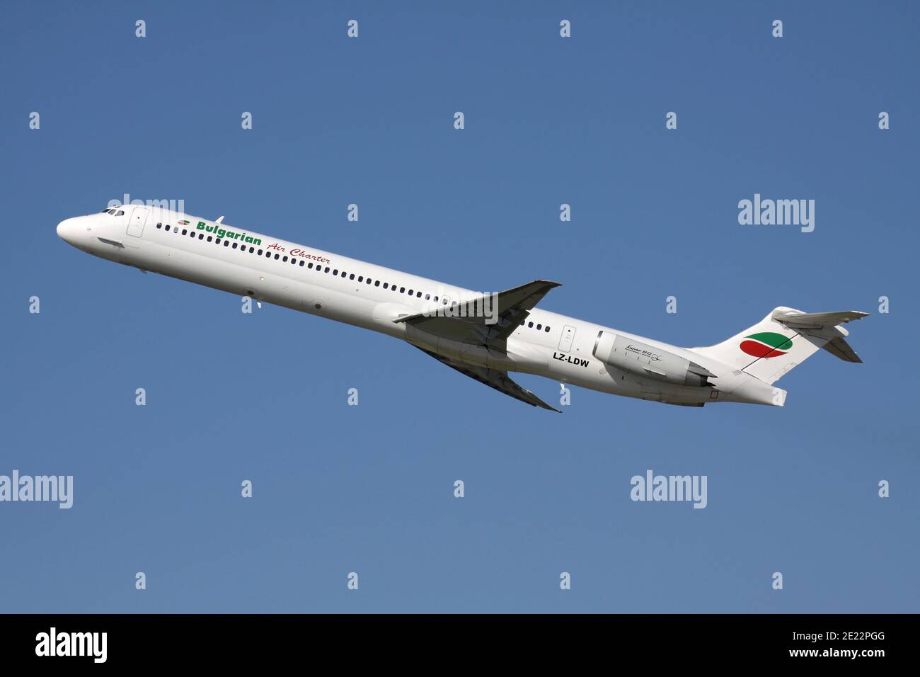 Bulgarian Air Charter McDonnell Douglas MD-82 with registration LZ-LDW just airborne at Dusseldorf Airport. Stock Photo