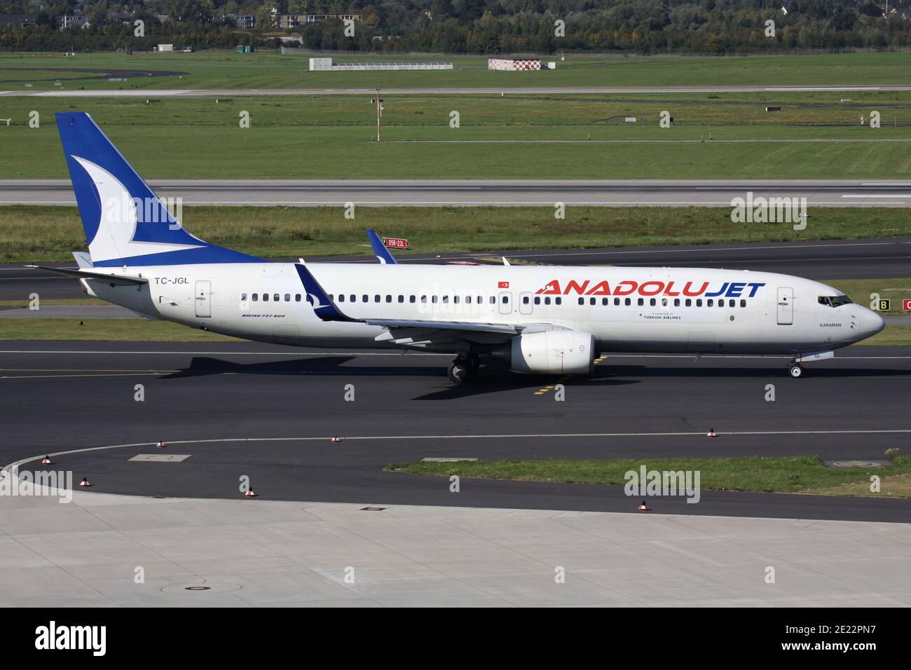 Turkish Anadolu Jet Boeing 737-800 with registration TC-JGL on taxiway at Dusseldorf Airport. Stock Photo