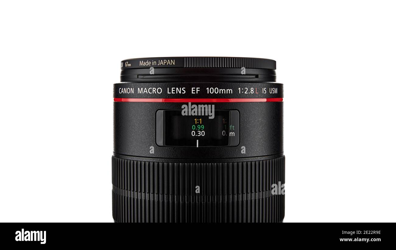 Popular Macro Lens Canon EF 100 mm f2.8L Macro on white background. 07.03.2020, Rostov region, Russia. Stock Photo