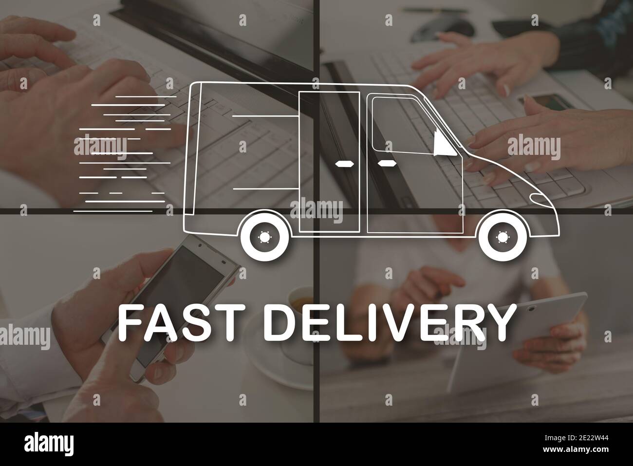 Fast delivery concept illustrated by pictures on background Stock Photo ...