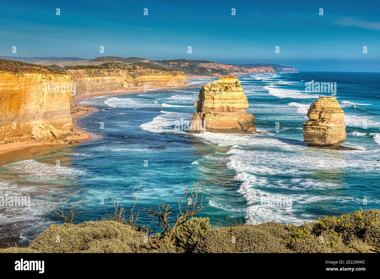View over a part of the Twelve Apostles in Victoria, Australia at a sunny day in summer. Stock Photo