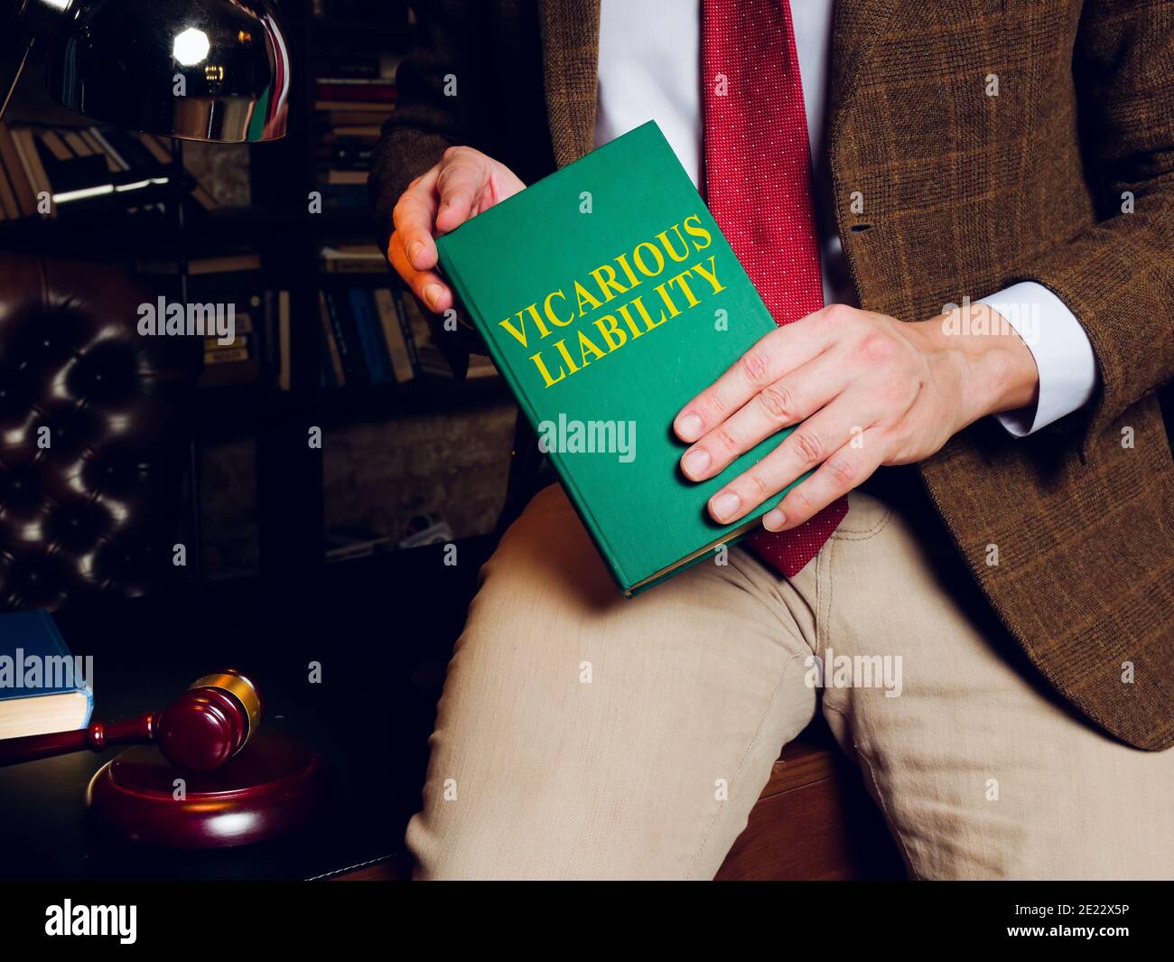 A lawyer holds a book about vicarious liability. Stock Photo