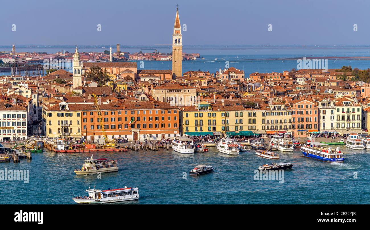 Venice Waterfront - Aerial panoramic view of the busy and crowded waterfront of the Sestiere of Castello on a sunny October afternoon. Venice, Italy. Stock Photo