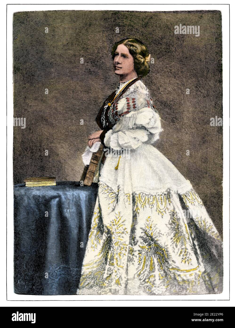 Singer Jenny Lind Goldschmidt, "The Swedish Nightingale," 1800s. Hand-colored woodcut of a photograph Stock Photo