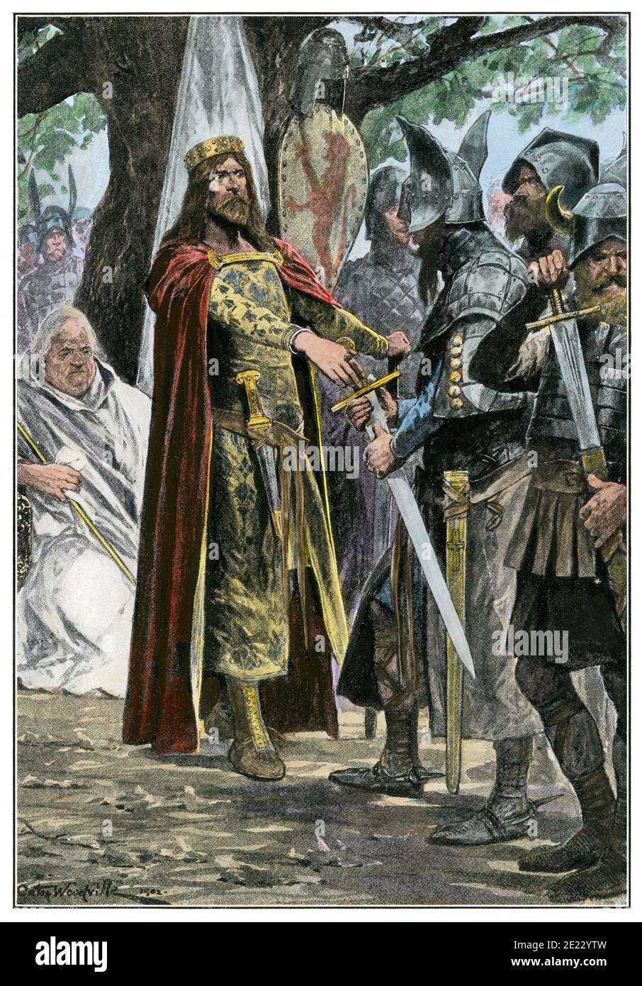 Alfred acknowledged as king of all England. Hand-colored halftone of an illustration Stock Photo