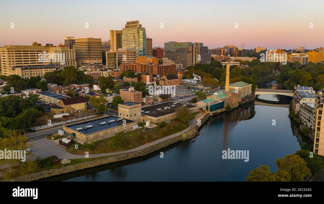 Sunrise Over Cristina River and Downtown City Skyline Wilmington Delaware Stock Photo
