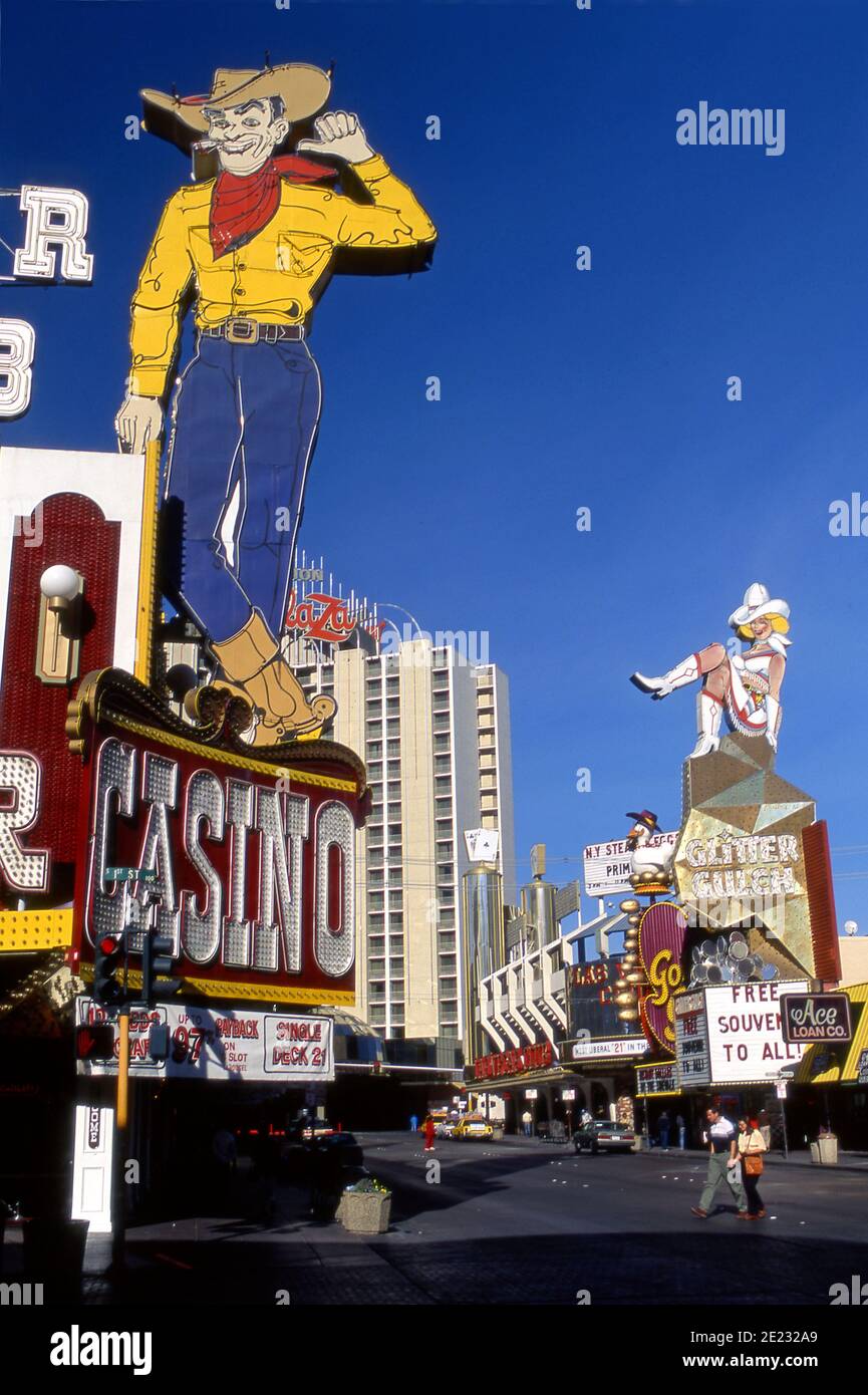 Colorful signs and casinos on Fremont Street in Downtown Las Vegas, Nevada Stock Photo