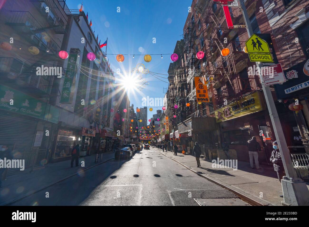 Chinatown is decorated with Paper lanterns for Chinese New Year 2021 at NYC. Stock Photo