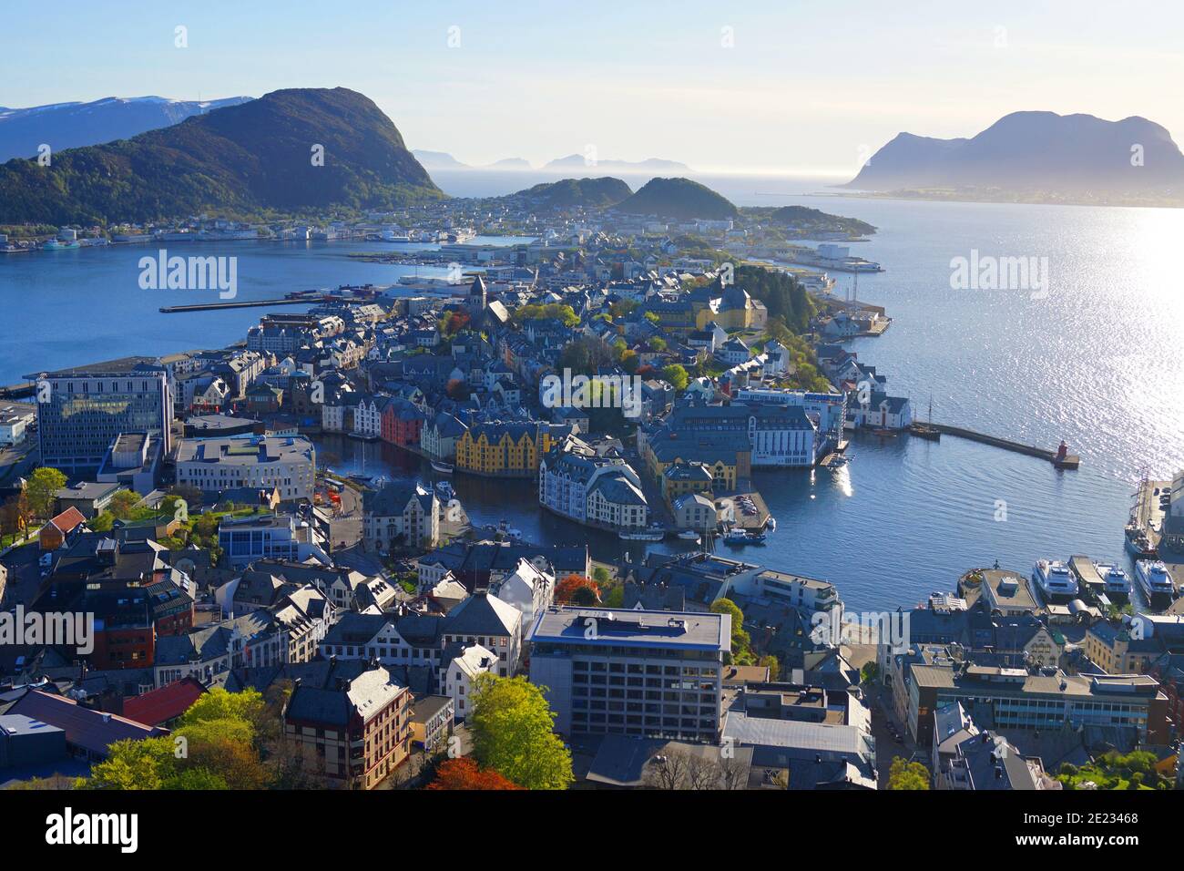 Amazing view over Ålesund city from Mt. Aksla in Norway. Stock Photo