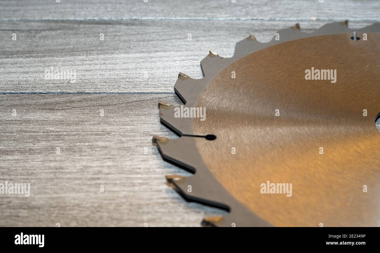 Metal disc from a circular saw close-up. Saw blade for wood and laminate Stock Photo