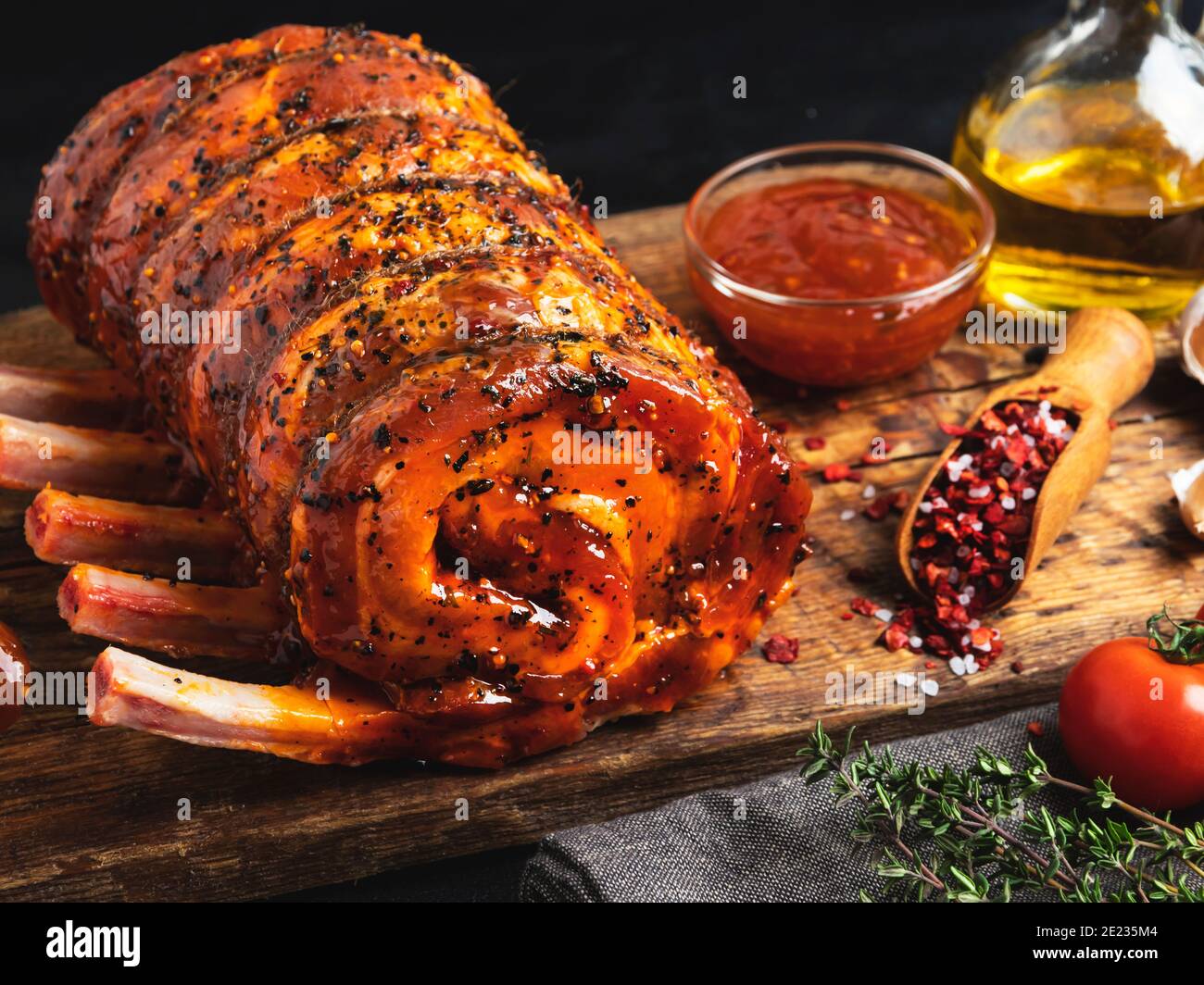 Rolled raw roast beef Rump, pork, lamb, in red marinate, meat roll ...
