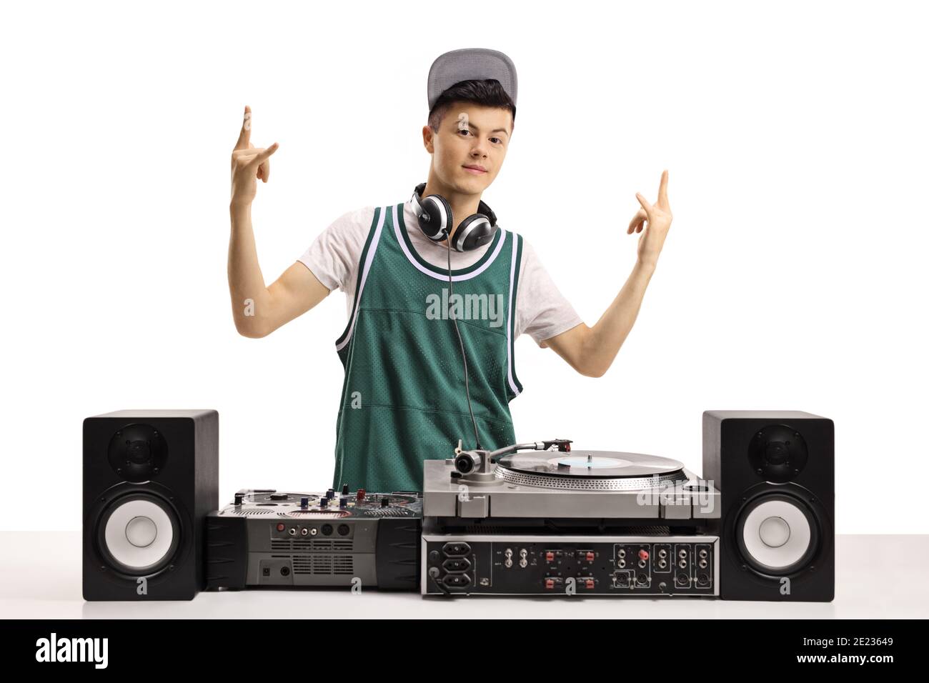 Young male dj with vinyl turntable gesturing a sign isolated on white background Stock Photo