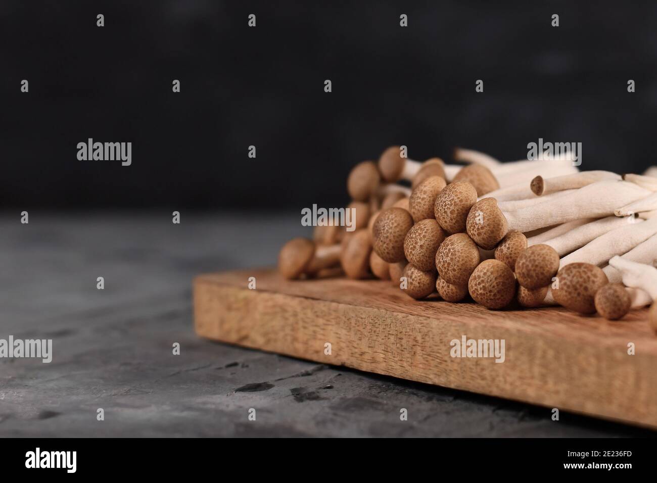 Group of brown edible mushrooms native to East Asia called 'Buna Shimeji' on wooden cutting board in front of dark background Stock Photo