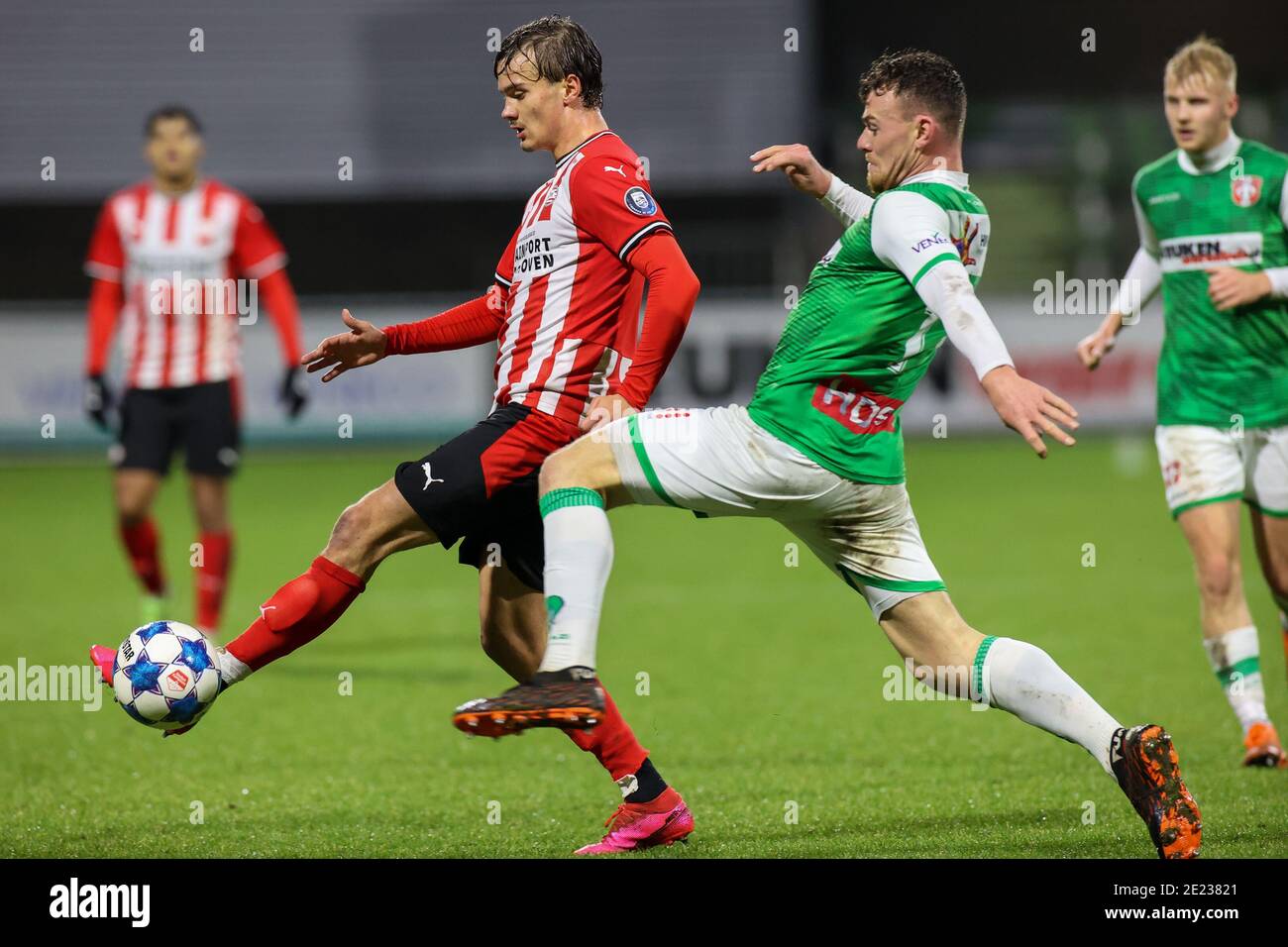 dordrecht netherlands january 11 kristofer ingi kristinsson of jong psv julius bliek of fc dordrecht during the dutch keukenkampioendivision match between fc dordrecht and psv u23 at gn bouw stadium on