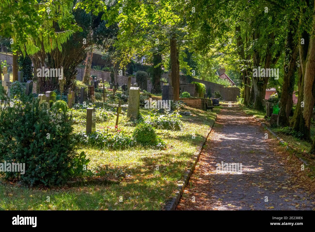 idyllic sunny graveyard scenery in Schwaebisch Hall at summer time Stock Photo