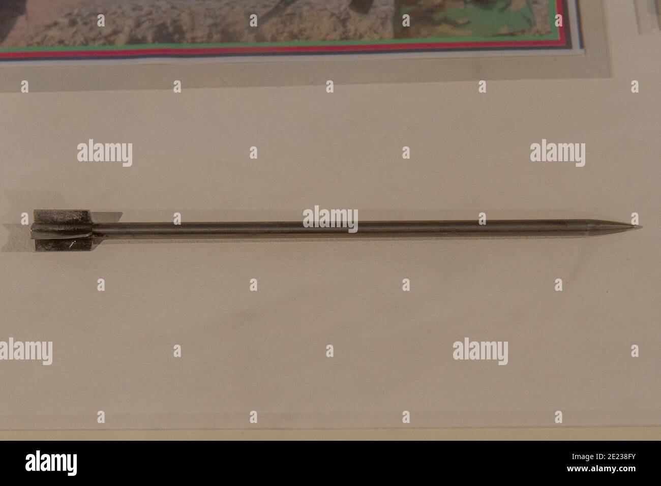 A tungsten-reinforced steel CRV-7 flechette dart on display at the Army Flying Museum, a Military Aviation Museum in Stockbridge, Hampshire, UK. Stock Photo