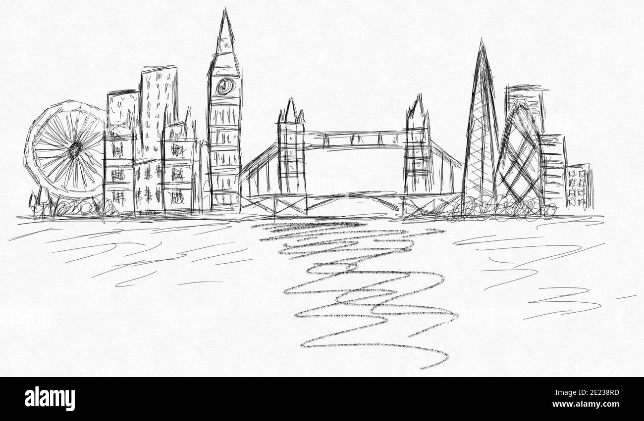 London skyline black and white illustration featuring the London Eye, Big Ben and Parliament, the Shard and Tower Bridge. Stock Photo
