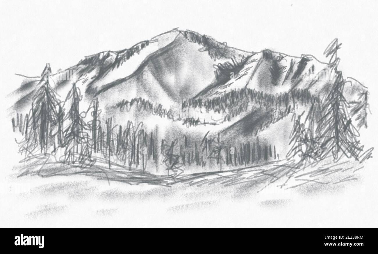 Mountain wilderness landscape with trees in the foreground sketch illustration. Based on the Scottish Highlands. Stock Photo