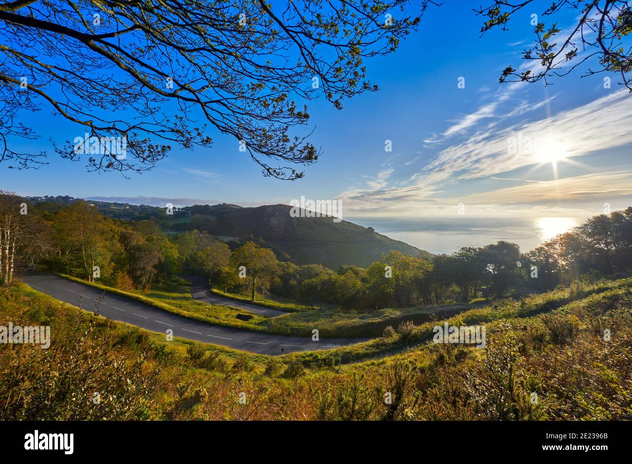 Image of Bouley Bay Hill in the sunshine with trees and grass. As well as being access to Bouley Bay, the hill is also used for a motor hill climb for Stock Photo