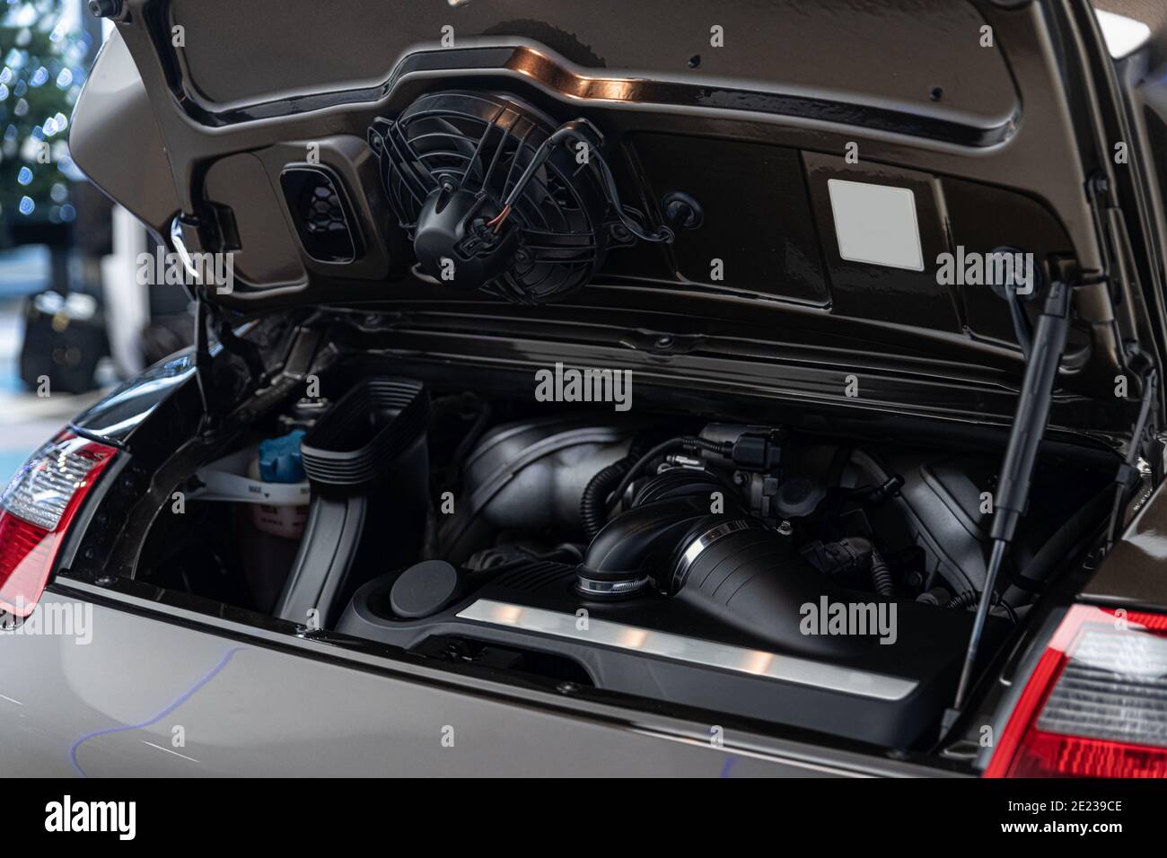 Rear placed sports car engine in car Stock Photo Alamy