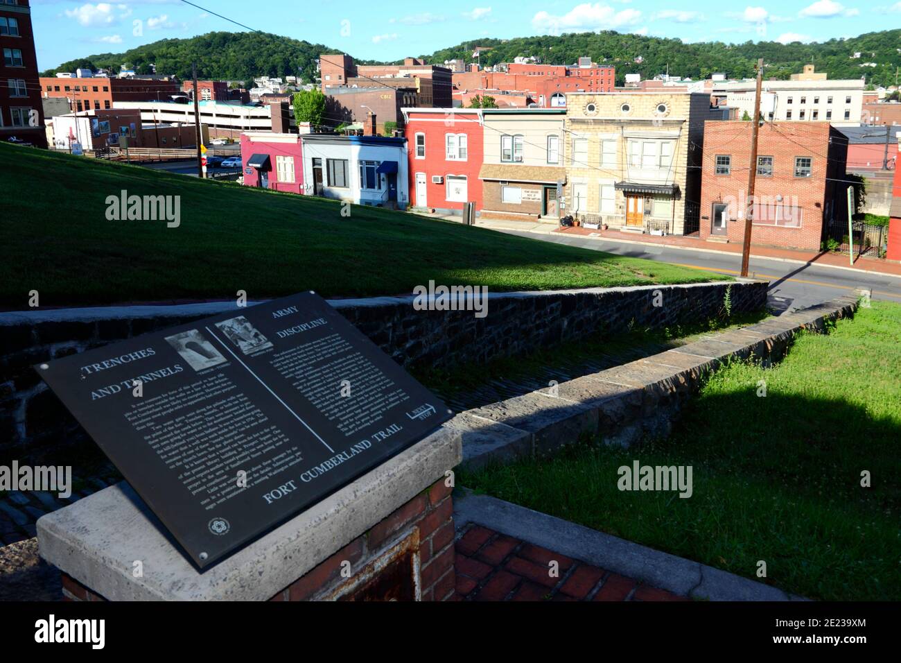 Sign with description of trenches and tunnels on site of Fort Cumberland, Cumberland, Maryland MD, USA Stock Photo