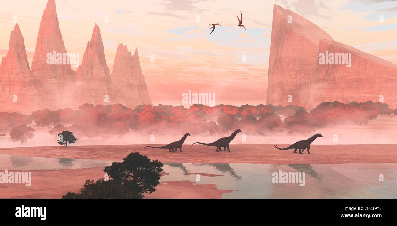 Anhanguera Pterosaurs fly over Alamosaurus sauropod dinosaurs walking along the banks of a river during the Cretaceous Period. Stock Photo