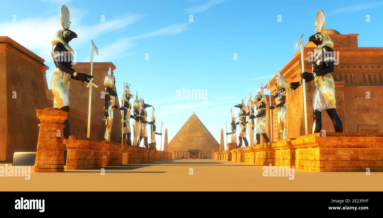 Statues of Egyptian gods line a street in ancient Egypt including Amun, Anubis, Hathor, Horus, Maat, and Ra. Stock Photo