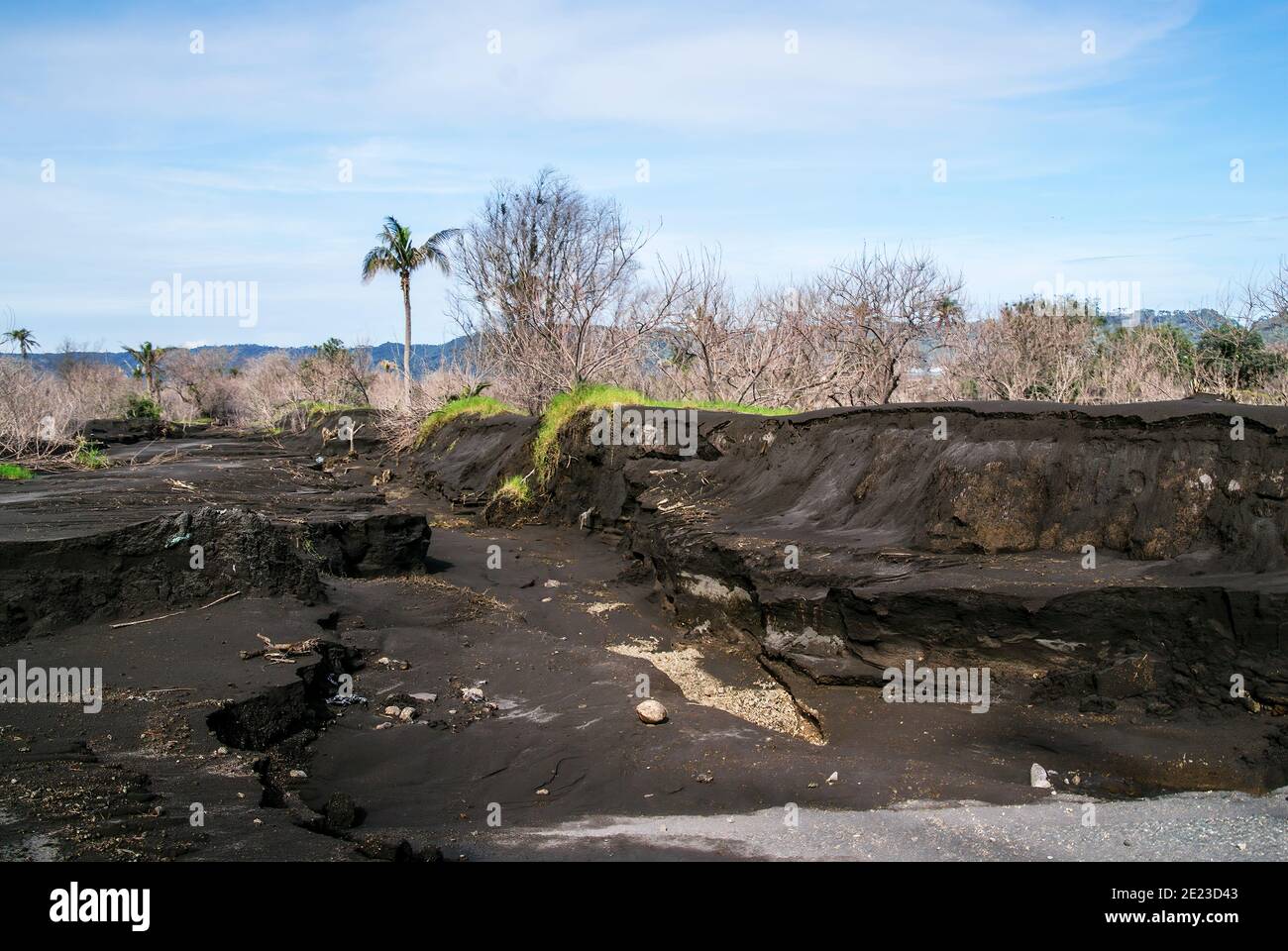 A path shoveled through the ash leads to the water. An eruption of the ...