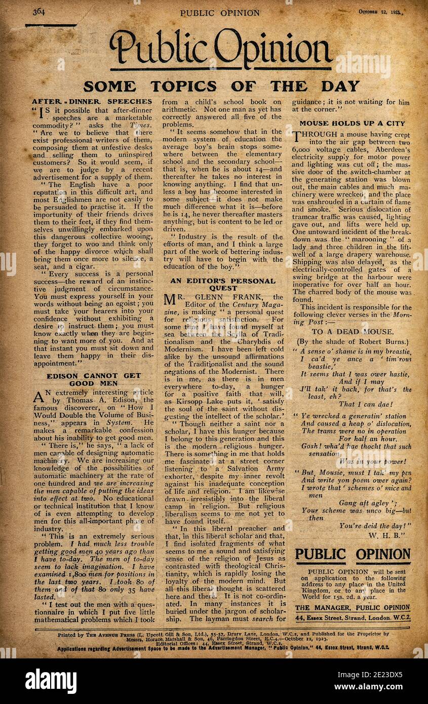 Used paper page with english text. Vintage newspaper from 1923 Stock Photo
