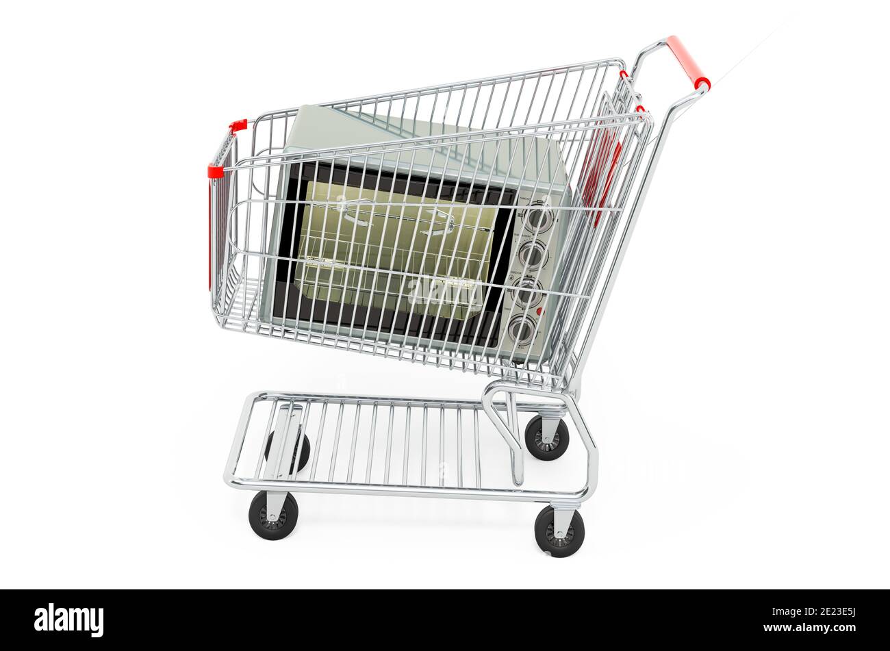 Convection toaster oven inside shopping cart, 3D rendering isolated on white background Stock Photo