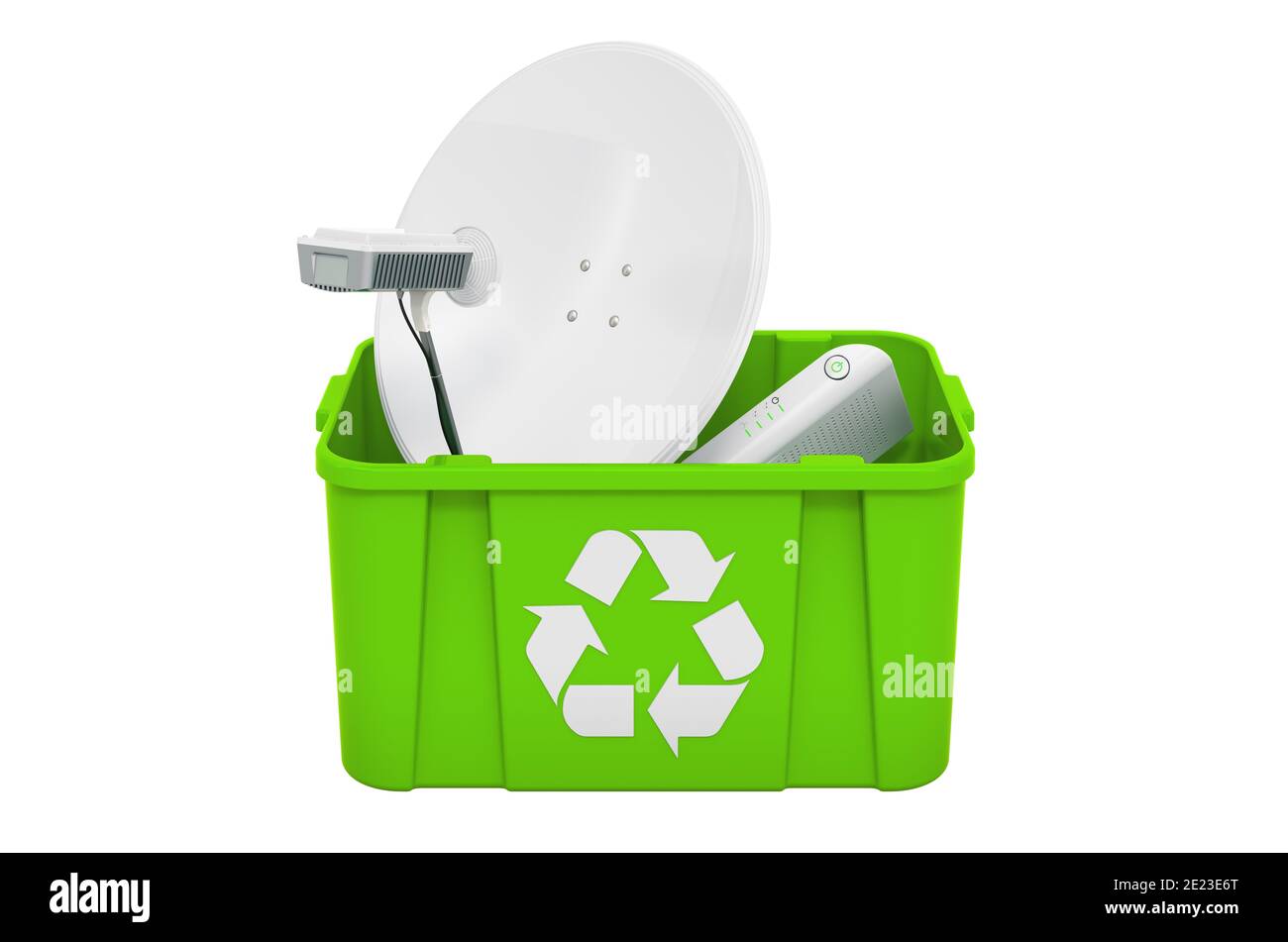 Recycling trashcan with satellite dish, 3D rendering isolated on white