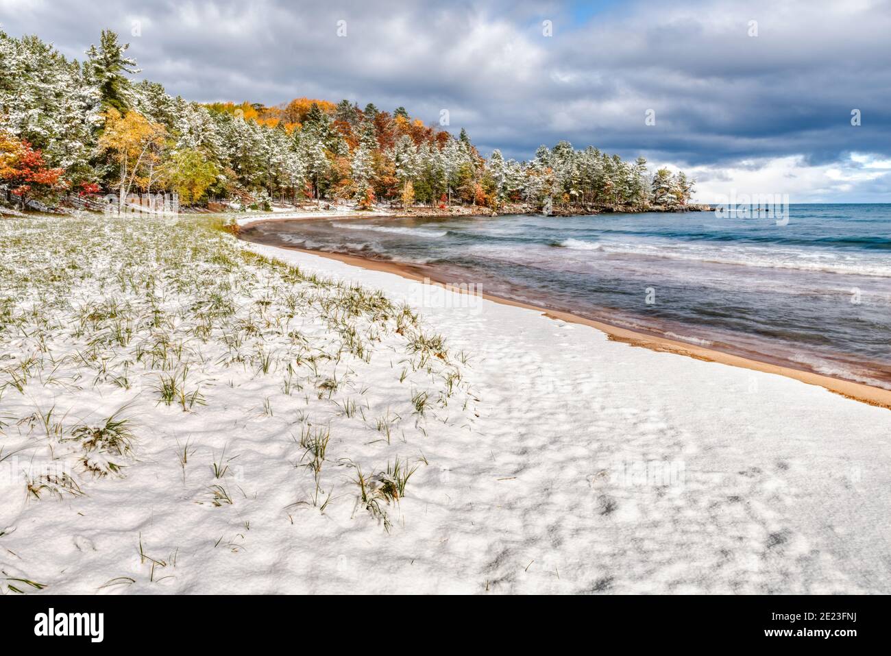 Great Lakes Autumn Beach with snow, Lake Superior, Michigan Stock Photo