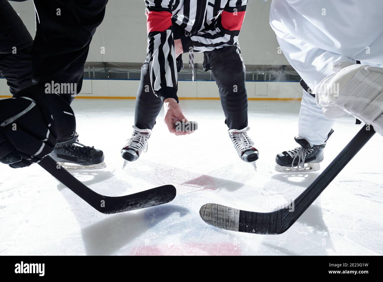Hockey referee with puck standing on ice rink with two rivals with