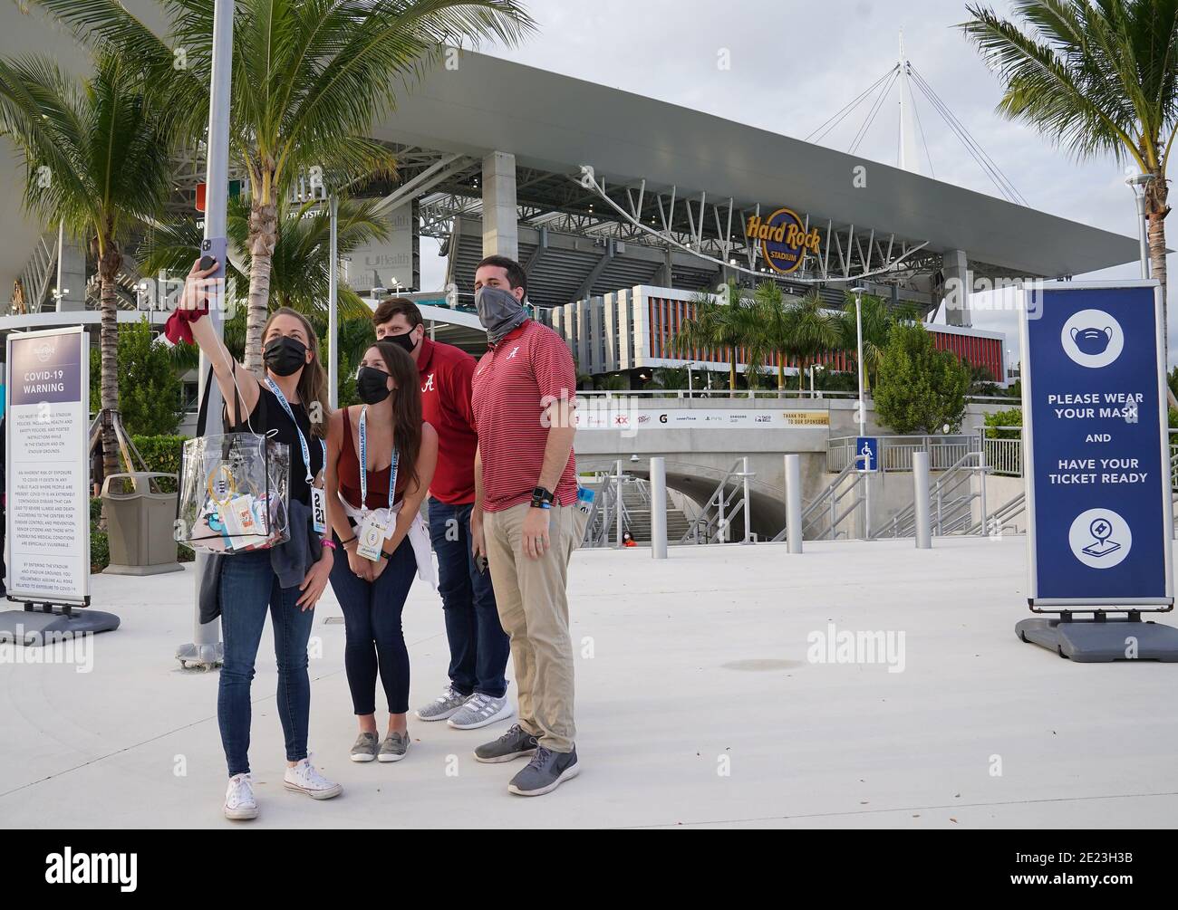 Alabama fans arrive with COVID-19 precautions in place for the 2021 NCAA National Championship football game against Ohio State at Hard Rock Stadium in Miami on Monday, January 11, 2021. Photo by Hans Deryk/UPI Stock Photo