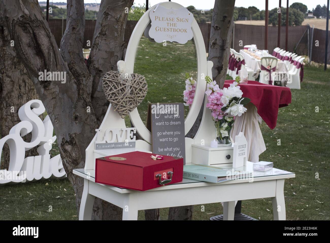 Closeup of a vanity table on a wedding reception displayed outdoors Stock Photo