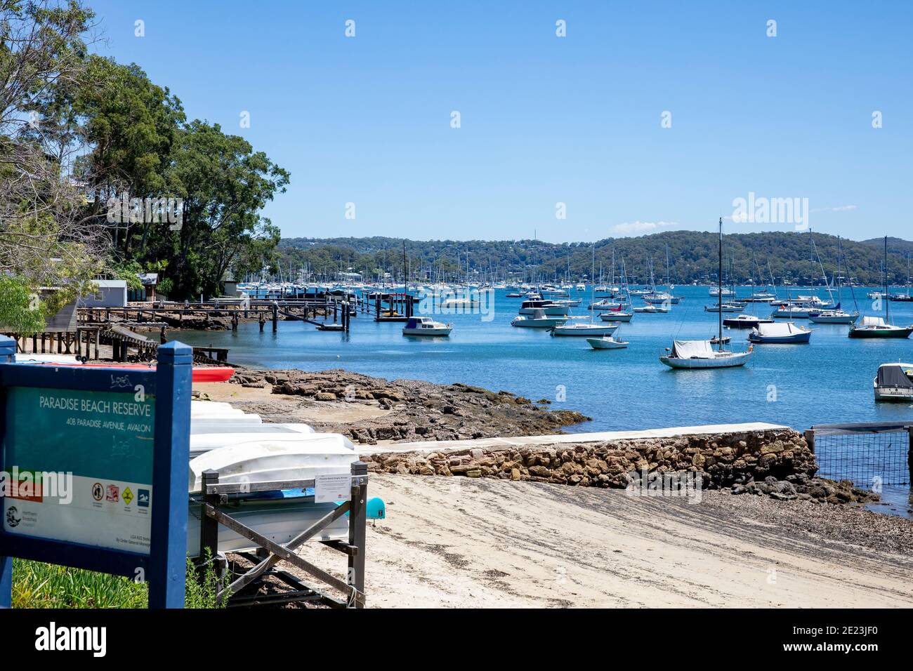 Paradise Beach in Sydney and view of boats and yachts moored on Pittwater,Sydney,Australia Stock Photo