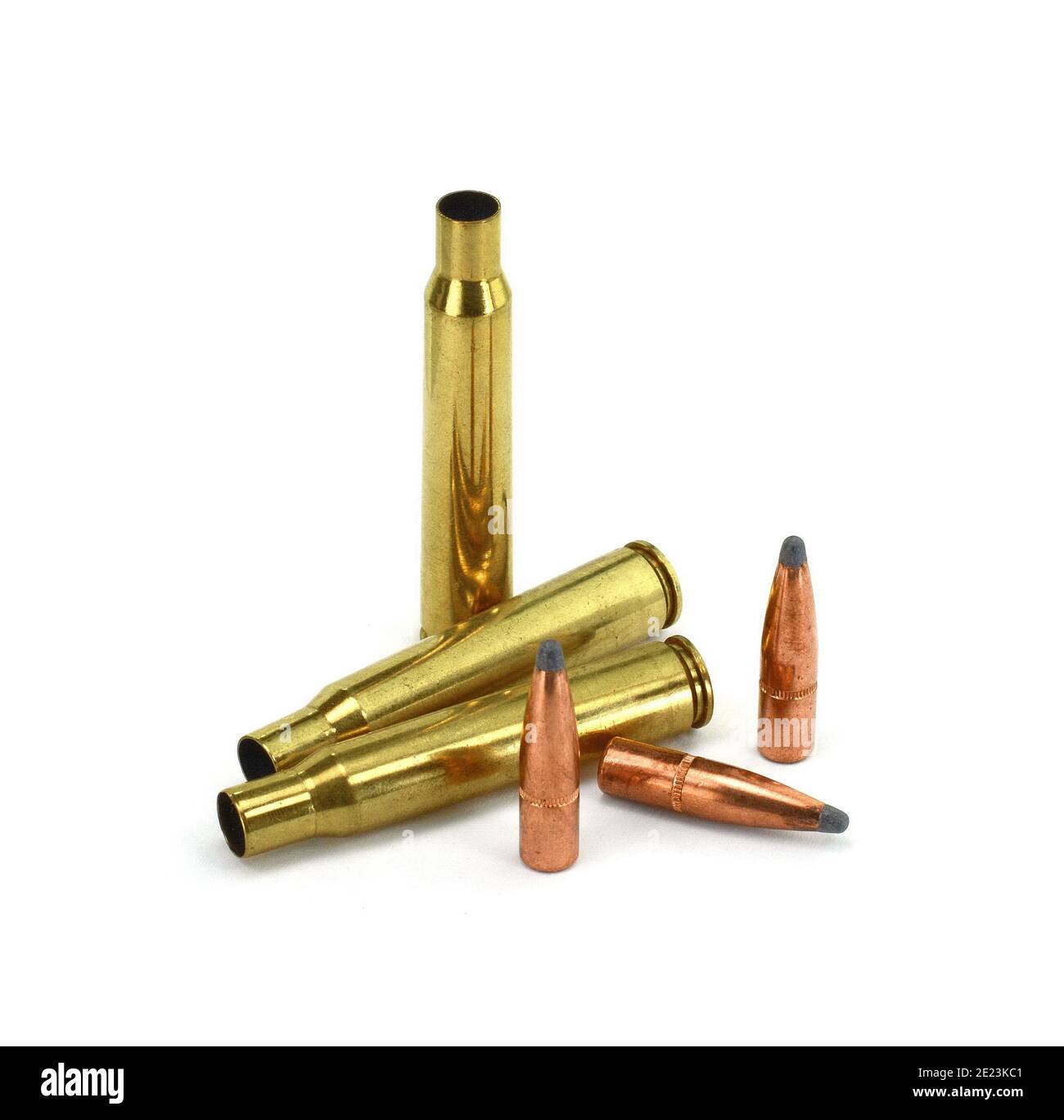 A rifle bullet, empty shell, gunpowder on white background. Hunting