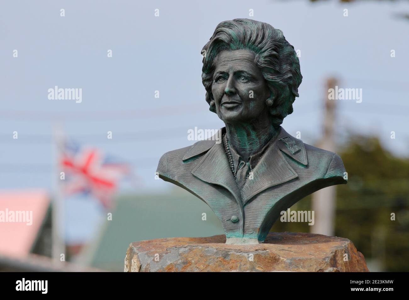Bust of (former) Prime Minister Margaret Thatcher, outside Government House, Port Stanley, Falklands, 4th April 2015 Stock Photo